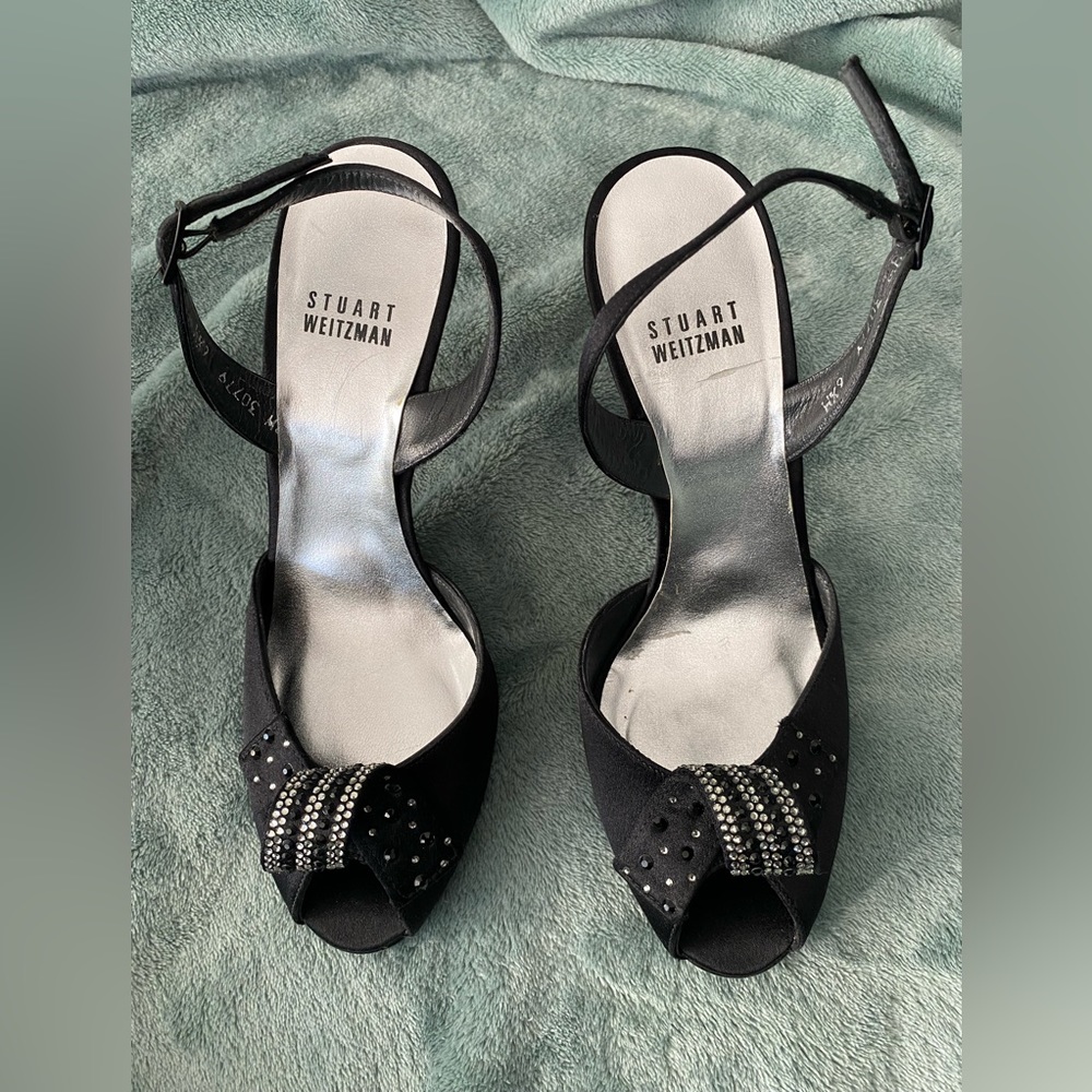 Euc Stuart Weitzman Slingback Open Toe Heels. Bla… - image 1